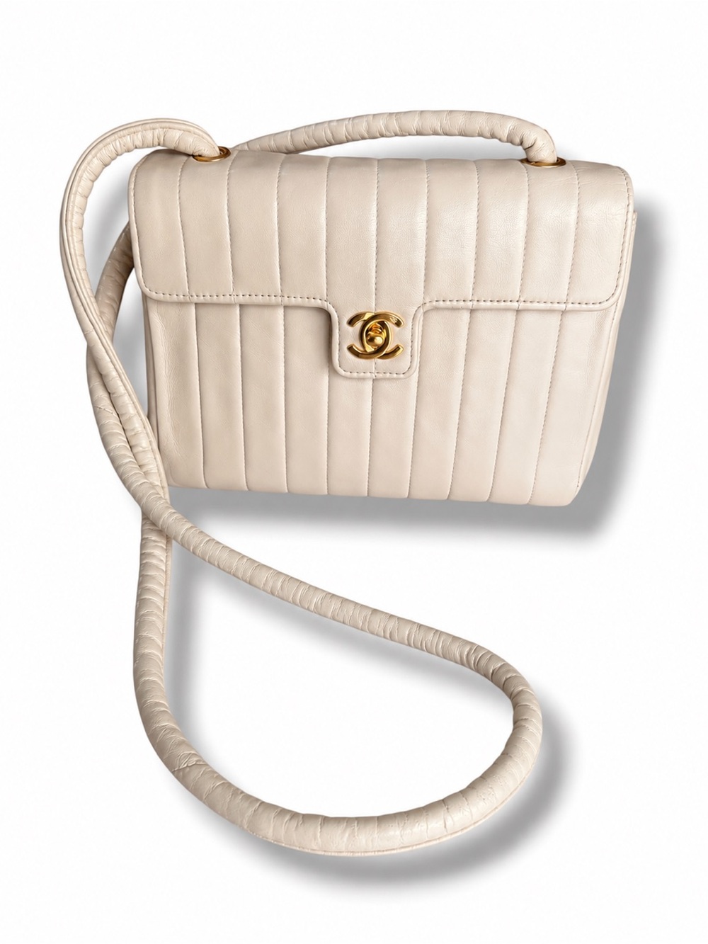 CHANEL Mademoiselle Vertical Quilt Flap Beige Lambskin 24K Gold HW VTG 1991-1994
